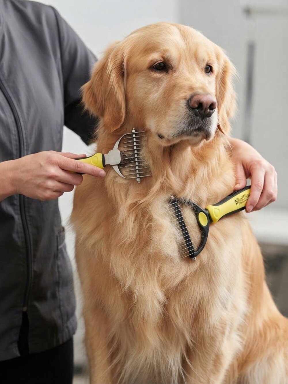ShedTitan Premium Pet Grooming Dematting Rake + Undercoat Tool Set Yellow Black
